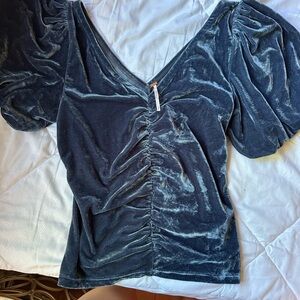 Free People Velvet V-Neck Blouse in Deep Blue